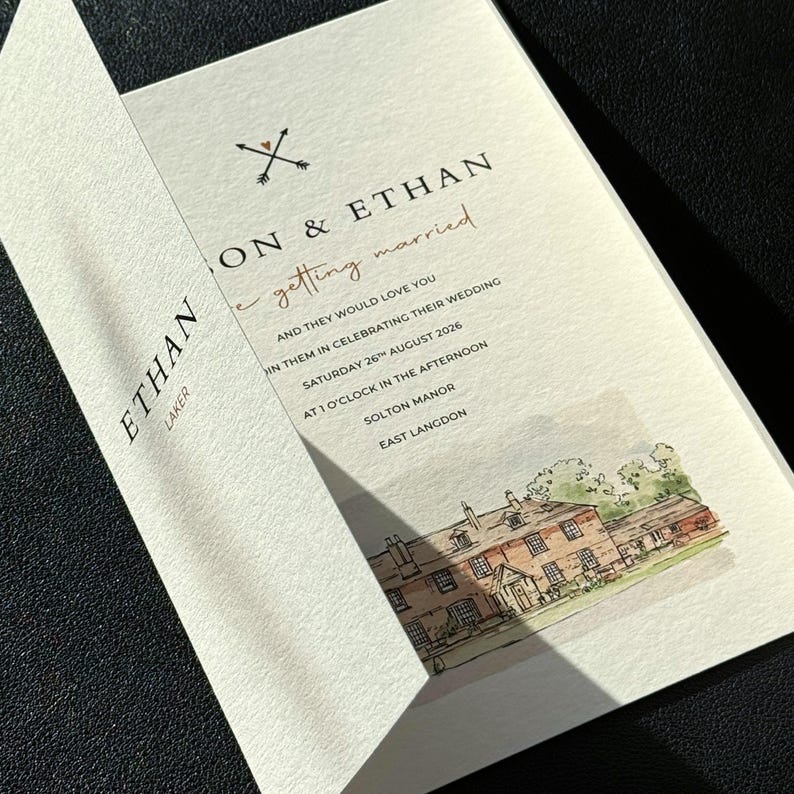 May include: A wedding invitation with the names "ON & ETHAN" and the words "getting married" in a handwritten style. The invitation includes the date, time, and location of the wedding, along with a watercolor illustration of a building.