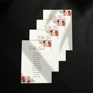 Cartes de plan de salle | Fleurs Bourgogne | Mariage Bourgogne | Cartes de tableau des sièges de table | Cartes de plan de salle alphabétique