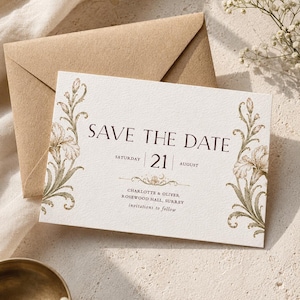 Convite de casamento Art Nouveau com íris, impresso em papel texturizado marfim, tons de rosa e sálvia (envelope kraft).