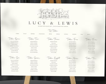 Wedding Table Plan with Venue Sketch, Personalised Seating Chart, Foam Board Sign
