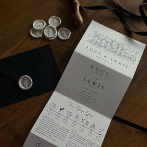 Venue Sketch Concertina Wedding Invitation – Custom Fold-Out A6 Design with Hand-Drawn Venue Illustration, Textured Card & Envelope Included