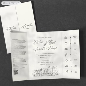 Convite de casamento dobrável com esboço colorido do local, papelaria de luxo com textura, Reino Unido
