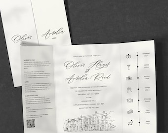 Gatefold Wedding Invitation with Colour Venue Sketch, Luxury Textured Card Stationery UK