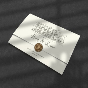 Venue Sketch Wedding Invite, Venue Wedding Invitation, Folded Wedding Invitations, Wax Seal Wedding Invite, Venue Illustration Invite