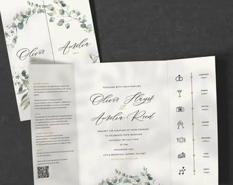 Olive Green Gatefold Wedding Invitation, Eucalyptus Botanical Stationery, Textured Card Invite