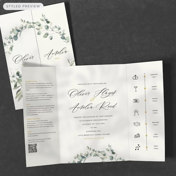 Convite de casamento dobrável verde-oliva, papelaria botânica com eucalipto, convite em cartão texturizado.