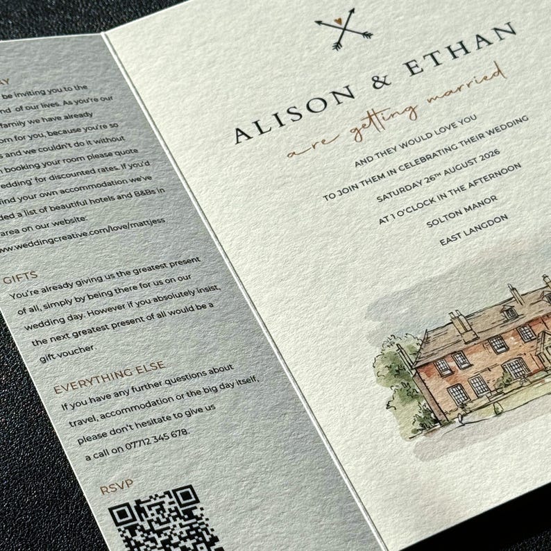 May include: Wedding invitation featuring the names "Alison & Ethan" with the phrase "are getting married." The invitation includes the wedding date, time, and location, along with a watercolor illustration of a building.