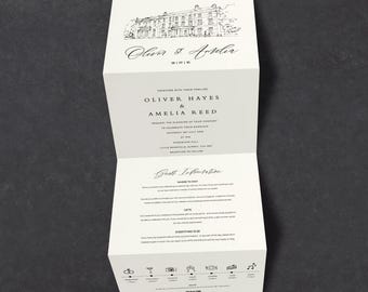 Custom Venue Sketch Wedding Invitation, Personalised Concertina Stationery (A6)
