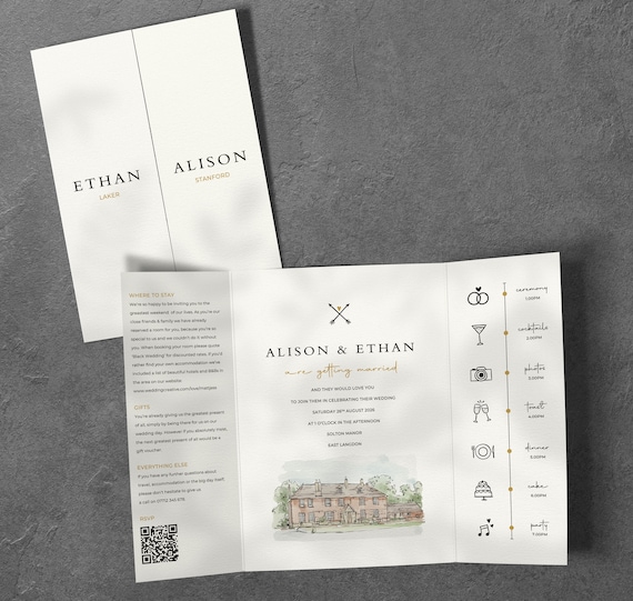 Gatefold Wedding Invitation With Watercolour Venue Illustration