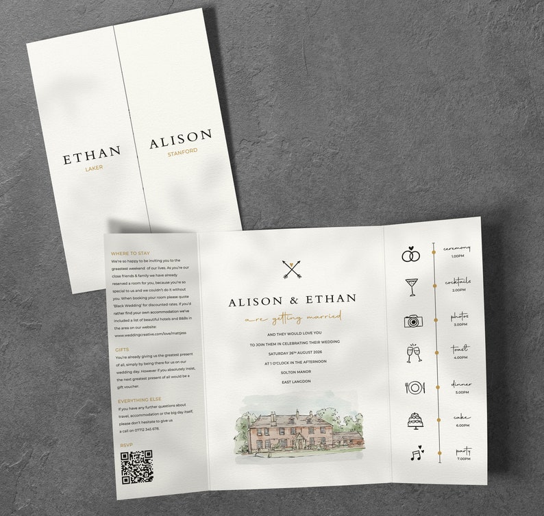 Gatefold wedding invitation with a bespoke watercolour venue sketch, folded to 5x7" and printed on textured card, paired with a matching envelope.