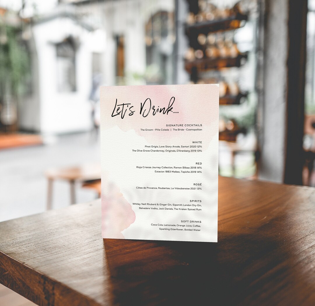 Menu Sign Pink BAR MENU | Pink Watercolour | Bar Menu Sign Wedding, Wedding Bar Menu ...