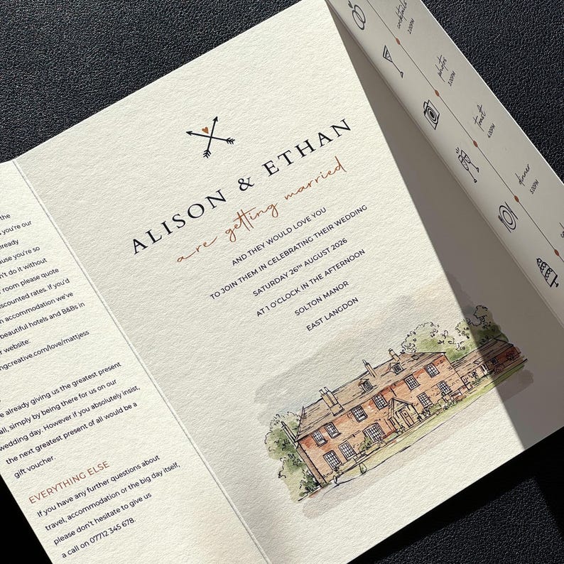 May include: Wedding invitation with the names Alison & Ethan, featuring a watercolor illustration of a manor house. The invitation includes the wedding date, time, and location, with a timeline of events on the side.