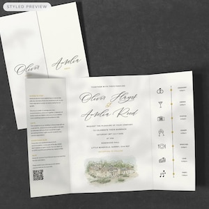 May include: Cream-colored wedding invitation suite with elegant script. The invitation includes the names "Oliver Hayes & Amelia Reed", event details, and a watercolor illustration of a building. The suite includes an RSVP card and a details card.