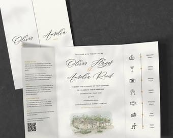 Watercolour Wedding Invitation, Gatefold Venue Illustration, Personalised Watercolour Invite UK