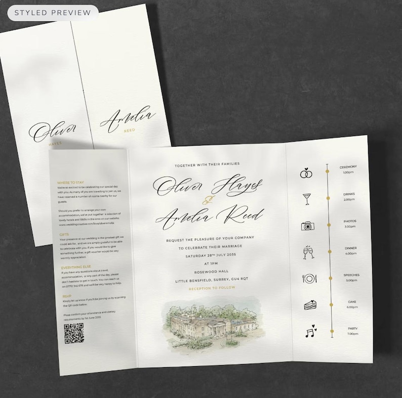 May include: Cream-colored wedding invitation suite with elegant script. The invitation includes the names "Oliver Hayes & Amelia Reed", event details, and a watercolor illustration of a building. The suite includes an RSVP card and a details card.
