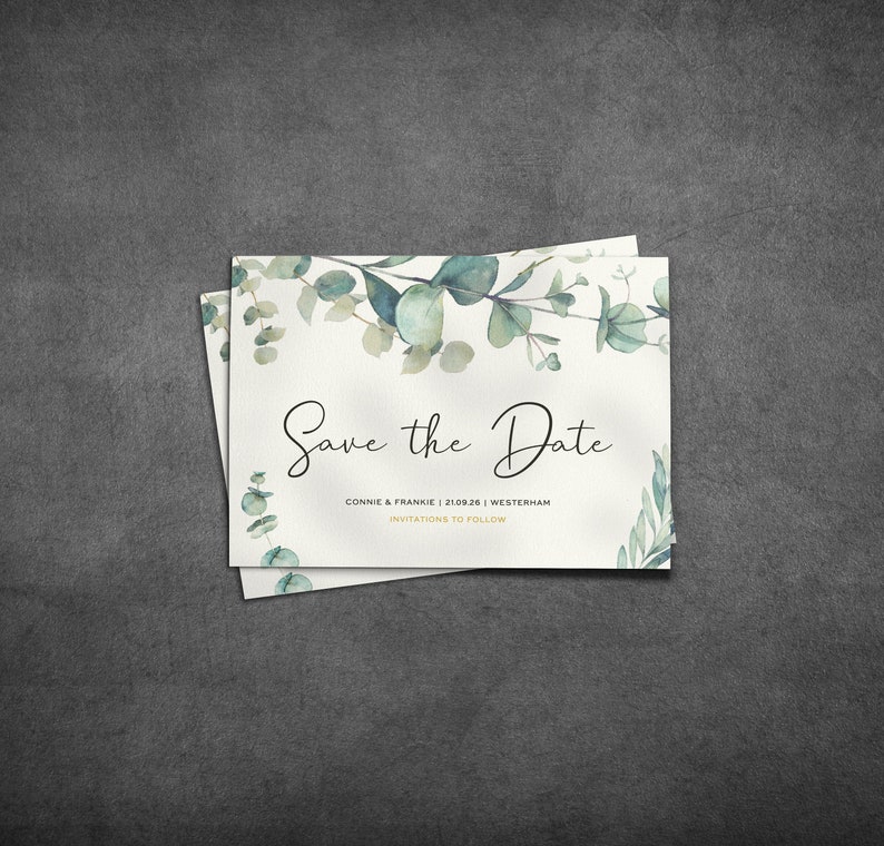 Olive Save The Date, Greenery, Save The Dates Green, Wedding Save The Date Cards, Personalised, Eucalyptus, Rustic, Country, Barn, Custom