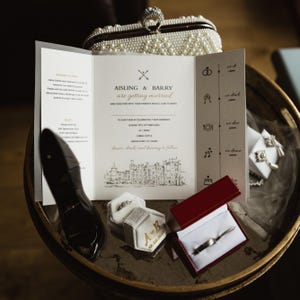 Gatefold Venue Sketch Wedding Invitation – Hand-Drawn Colour Illustration, Fold-Out Wedding Card with Envelope, Personalised Design