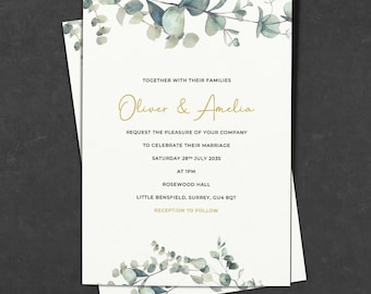 Eucalyptus Wedding Invitation, Sage Green Watercolour Botanical Print, UK Stationery