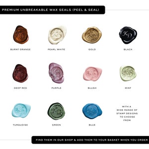 Our wax seal colour options. Burnt orange, pearl white, gold, black, deep red, purple, blush, mint turquoise, green & blue. Available in a wide range of stamp designs. Find them in our shop and add them to your basket when you place your order.