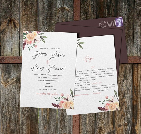 Personalised Luxury Rustic Wedding Invitations BLUSH & BLUE FLORAL packs of 10 
