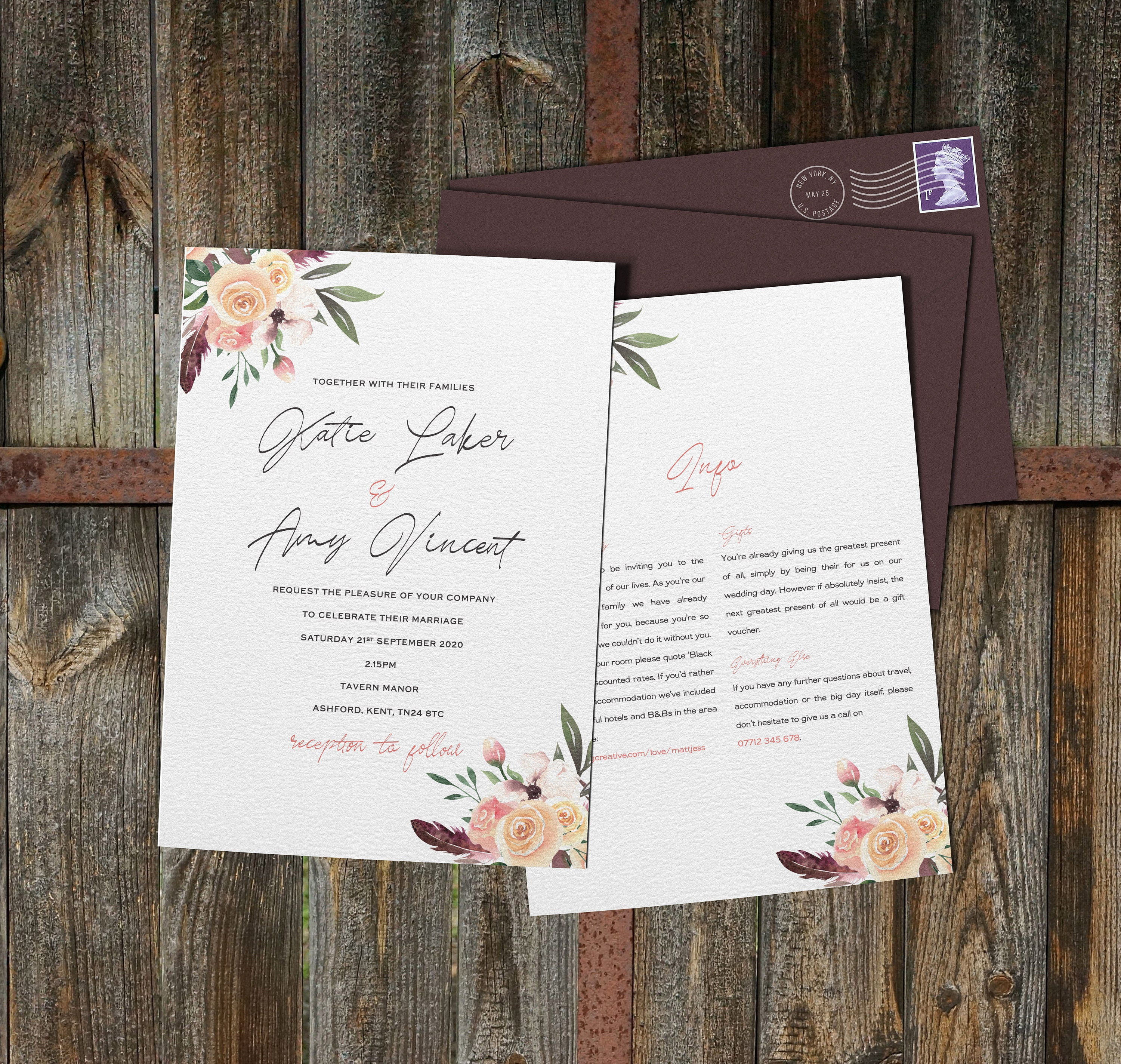 Romantic Wedding Invitation Calligraphy Wedding Invites Includes Envelope and Return Address Printing Printed Invitations Floral