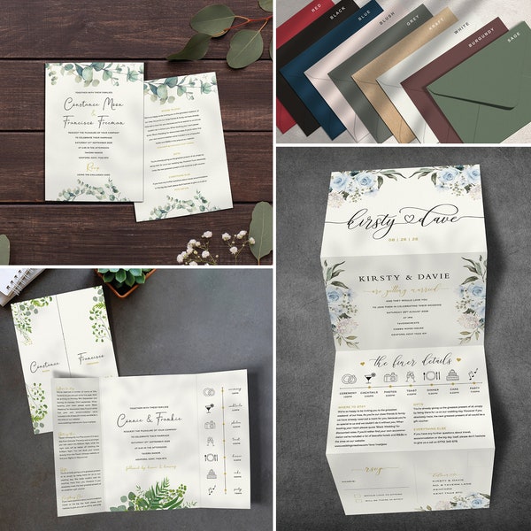 Hochzeitseinladung, Einladungen, Einladungsset, Einladungskarten, Gatefold, Concertina, Tri Fold, Empfang, Abend, personalisiert, Greenery