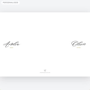 May include: A white card with elegant black script names: Amelia Reed and Oliver Hayes. The word "Personalised" is in the top left corner. The Tavern Creative logo is at the bottom center.