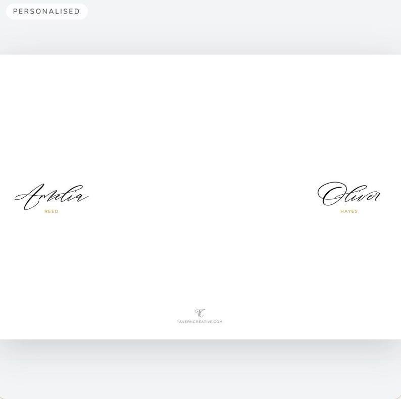 May include: A white card with elegant black script names: Amelia Reed and Oliver Hayes. The word "Personalised" is in the top left corner. The Tavern Creative logo is at the bottom center.