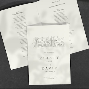 May include: A wedding invitation featuring a black and white illustration of a house. The text reads "The Wedding of Kirsty Lane and David Parsons, Saturday 4th July 2020, Solton Manor".
