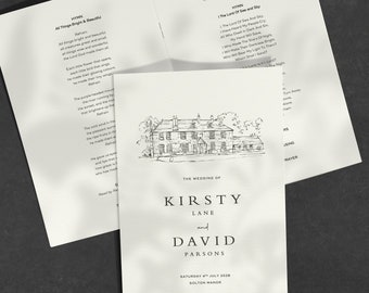 Hand Drawn Venue Order of Service Booklet, Personalised Wedding Ceremony Booklet