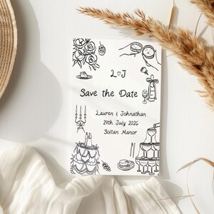Reserve a data com flores e alimentos – Cartão A6 desenhado à mão com envelope C6, design divertido de casamento com bolo, champanhe e macarons