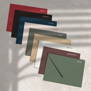 Sage Envelopes, Burgundy Envelopes, White Envelopes, Kraft Envelopes, Grey Envelopes, Blush Envelopes, Blue Envelopes, Black Envelopes, Red Envelopes.