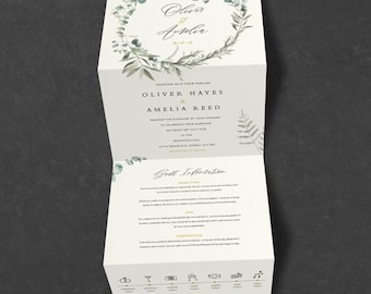 Olive Green Eucalyptus Concertina Wedding Invitation, Botanical Stationery (A6)