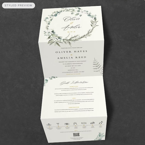 Convite de casamento sanfonado com eucalipto verde-oliva, papelaria botânica (A6)