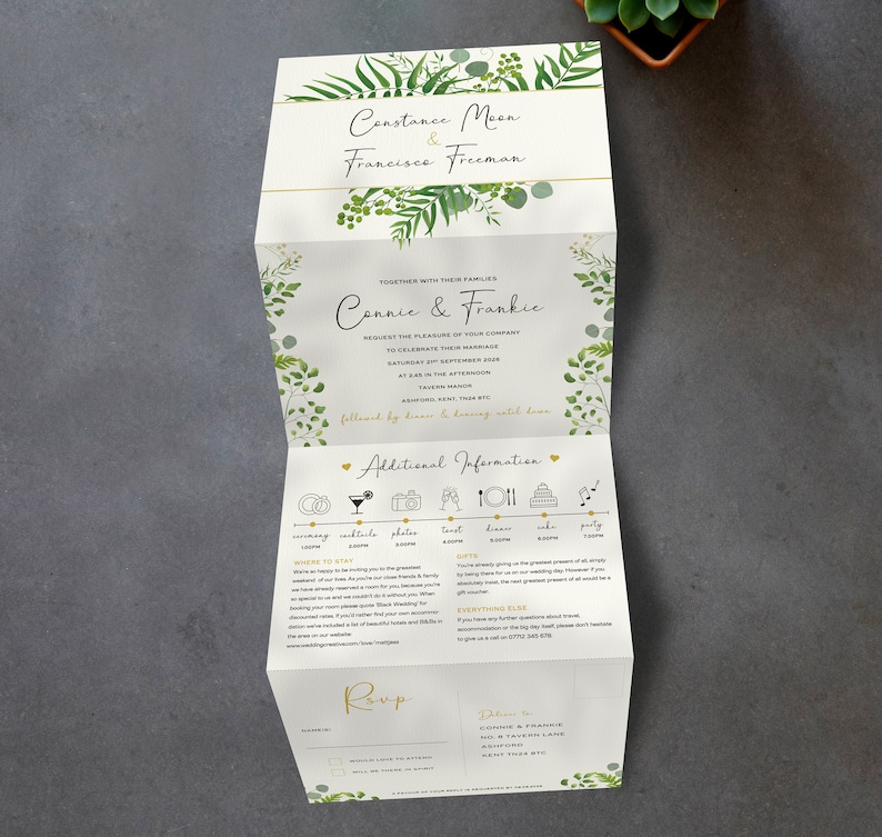 Greenery Concertina Wedding Invitations. Trifold Wedding Invites. All in one invitations for wedding celebrations.