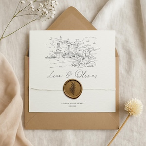 "Square Venue Sketch Brieftaschen-Einladung - Hochzeitseinladung ""Wachs Siegel"", ""Kraft Umschlag"""