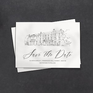 May include: A monochrome save-the-date card with a detailed architectural illustration. The words "Save the Date" are in cursive script. The card includes names, location, and date details. The text "Invitations to follow" is also present.