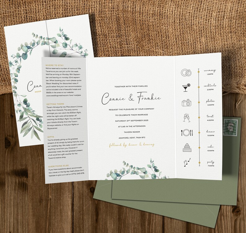 Wedding Invitation, Gatefold Wedding Invites, Folded Wedding Invite, Timeline Wedding Invitation, Invitations Wedding, Olive, Greenery 