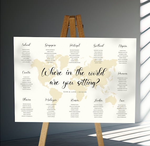 Wedding World Map Seating Chart, Destination Travel Theme Foam Board Sign