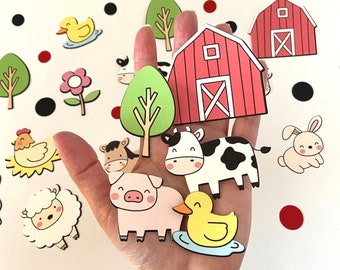 Könnte beinhalten: Bauernhof-Tier-Party-Konfetti mit einem roten Stall, einer Kuh, einem Schwein, einem Schaf, einem Huhn, einer Ente, einem Kaninchen und zwei grünen Bäumen. Das Konfetti ist perfekt für eine Bauernhof-Party.