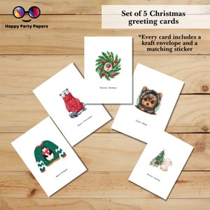 Juego de 5 tarjetas de felicitación navideñas / Juego de tarjetas / Perro / Oso / Corona navideña / Suéter feo / Animales de invierno / Deseos de invierno