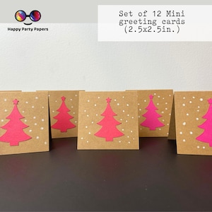 Lot de 12 mini-cartes faites main avec enveloppes assorties | Cartes vierges de 2,5 x 2,5 po. | Cartes de voeux de Noël rouges et roses | Jeu de cartes