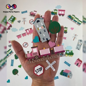 100 piezas de confeti de papel rosa para fiesta de tren, decoración para fiesta de tren, tren de vapor, fiesta de transporte, todos a bordo, cumpleaños de niña