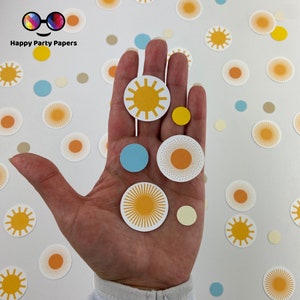 100 piezas aquí viene el hijo confeti, Sol, Nuestro rayo de sol decoración, baby shower, aquí viene el sol, sol, azul y amarillo