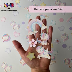 100 pièces de confettis de fête en papier licorne, décoration de fête licornes, confettis, jolie fête d'anniversaire licorne, couleurs pastel, étoiles