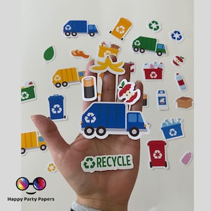 30 stickers confettis de fête de camion à ordures, décoration de fête de camion à ordures, recyclage, fête de recyclage, anniversaire de garçon, de fille