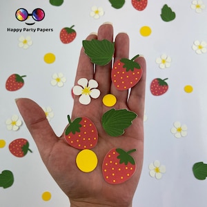 100 pièces de confettis en papier sur le thème de la fraise, décoration de fête d'été, confettis de fraises, fête d'anniversaire, fraises découpées