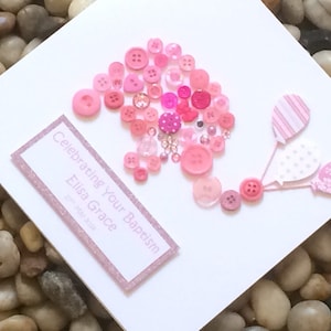 Personalisierte Namenskarte, Mädchen, Elefant und Luftballon, Knopfkarte, Baby-Namenstag, Grußkarte, Führung Elternkarte, Widmungskarte