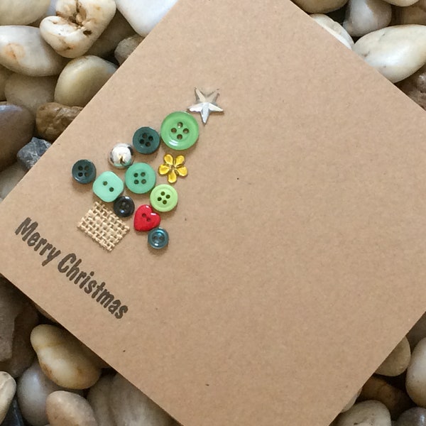 Rustic Handmade Christmas Cards, Button Christmas Card, Button Tree, Handstamped Card, Luxury Christmas, 3d Card, Unique Cards