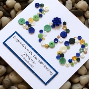 Carte d'anniversaire 100e, cadeau d'anniversaire, cadeau d'anniversaire, idées de fêtes, personnalisé, fait à la main, âge avec boutons, carte du centenaire, jalon